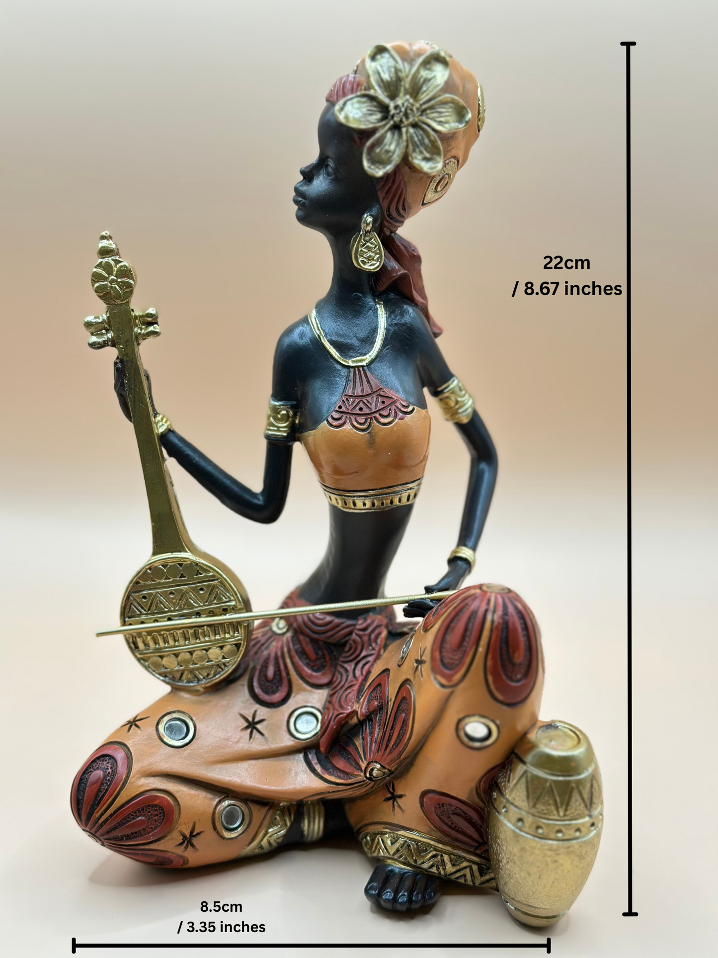 African Musician Figurine – 22 cm Handmade Resin Sculpture in Orange & Gold, Cultural Home Décor Art | Nestora Arts