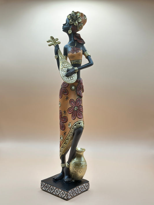 African Woman with Guitar Figurine – 31 cm Handcrafted Colorful Resin Art Sculpture for Home & Gift Décor | Nestora Arts