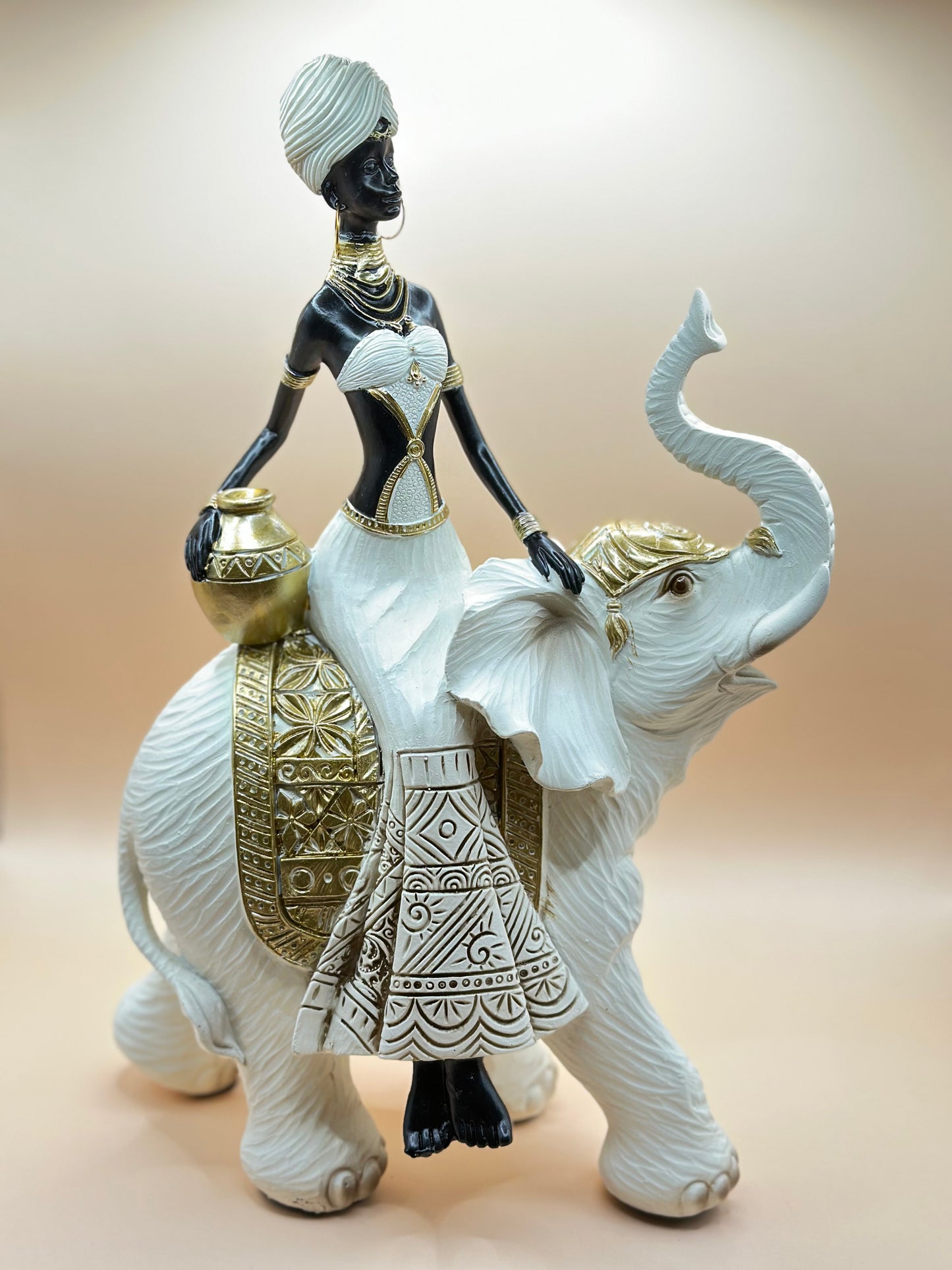 Elegant African Woman Riding Elephant Statue – 32 cm Resin Figurine for Luxury Home Décor & Unique Gifts | Nestora Arts