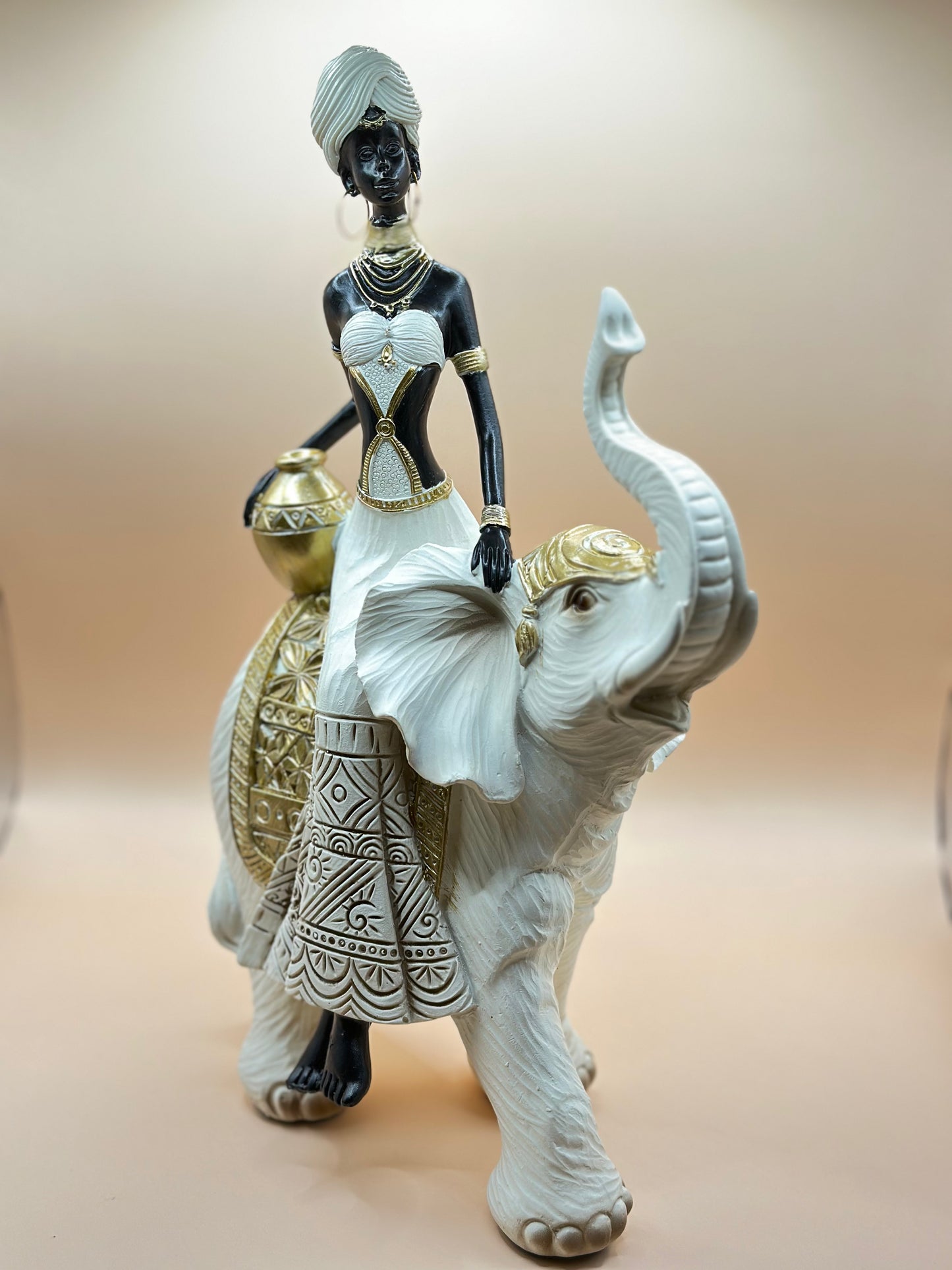 Elegant African Woman Riding Elephant Statue – 32 cm Resin Figurine for Luxury Home Décor & Unique Gifts | Nestora Arts